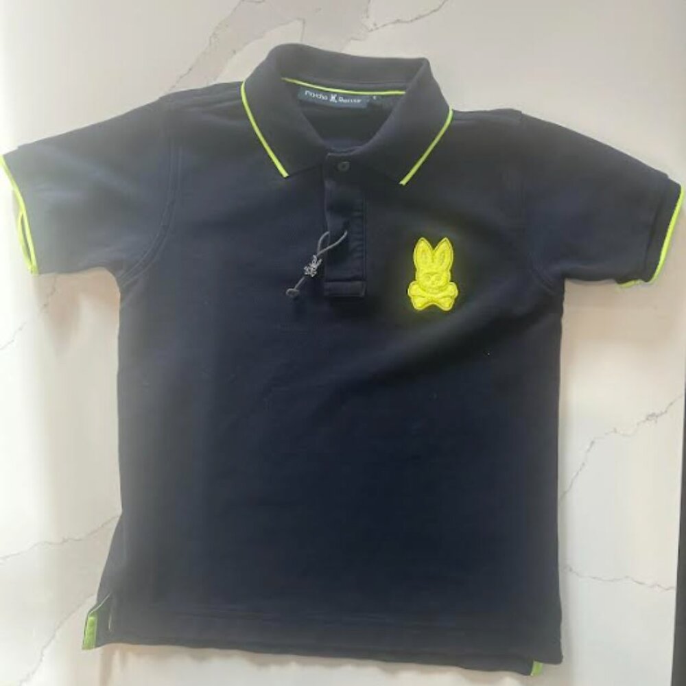 Boys Psycho Bunny Polo Shirt – Size 7–8 (SP) – Navy with Neon Logo